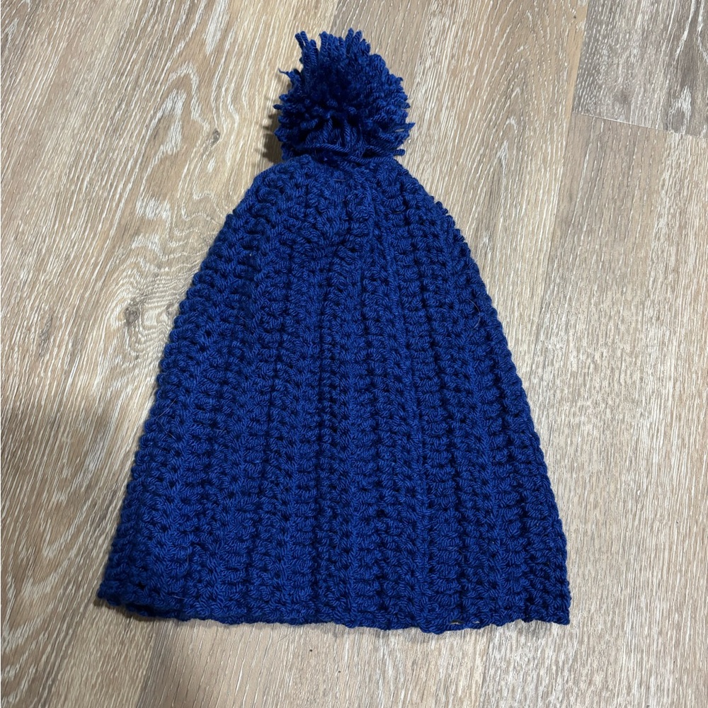Blue Ribbed Knit Pom-Pom Hat
